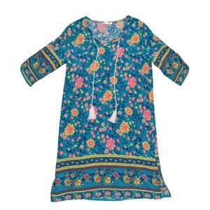 Halife Floral Boho Tassel Dress Size M – Blue Multicolor Tunic Shift